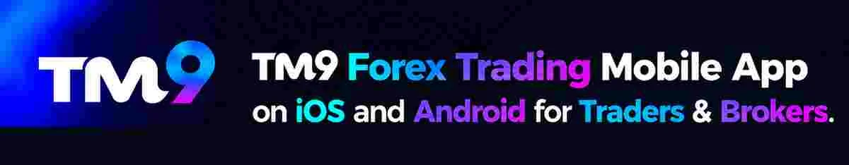 TM9 logo with the line: forex trading mobile app on iOS and Android for traders and brokers